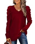 XIEERDUO Fall Clothes Tops for Women Clothing Trendy 2024 Puff Long Sleeve Sweatshirt Dark Red V Neck Sweater Oversized 2XL