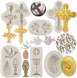 MINFEIDMS Cross Silicone Mold Communion Chalice Dove Fondant Molds Baptism Cake Mold For Baptism Party Cake Decorating Cupcake Topper Chocolate Candy Gum Paste Set Of 4