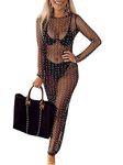 YILEEGOO Sexy Women's Sheer Mesh Pearl Rhinestone Cover Up Dress Beach Swimwear Bikini Bathing Suit Cover Ups (Black, XXL)