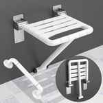 Folding Shower Seat White 14.5X 13.4 Inch, Munzong Wall Mounted Stainless Steel Shower Seats for Bathroom, Fold Down Shower Chair Shower Bench w/Assist Garb Bar for Handicap Elderly Injury Senior