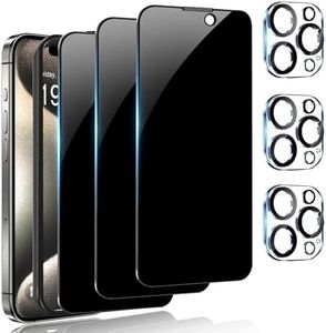 [3+3 Pack]Smasener Privacy Screen Protector Compatible with iPhone 15 Pro 6.1-inch, 3 Pack Tempered Glass Screen Protector + 3 Pack Camera Lens Protector with Easy Installation Frame, Anti Scratch Bubble Free,Anti Peeping
