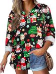 Christmas Shirts Women Funny Snowman Graphic Long Sleeve T-Shirts Cute Santa Printed V-Neck Button Up Tees Tops, Black/Christmas Cat, Large