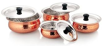 Dynore Stainless Steel Copper Plated Hammered Finish Handi Set with SS lid- Set of 4 for Serving & Cooking