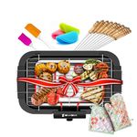 EVIZIA Free Standing Barbeque Grill Electric Smokeless Indoor Outdoor Grill Portable Adjustable Temperature Control 2000W - Black (Bbq_Gloves Scrubber Oil Brush)