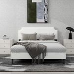 Tuconia Upholstered Platform Queen Size Bed Frame with Adjustable Headboard Wooden Slats Support No Box Spring Needed Noise-Free Linen White