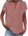 2024 Women's Blouses Cotton Linen V Neck Button Short Sleeve Tops Spring Summer Tees Trendy Casual T-Shirts Pink