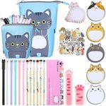 Chinco 400 Pcs Cute Cat Stationery Set Cartoon Kawaii Stationary Girls & Boys School Supplies Including Gel Ink Pens Sticky Memos Notes Telescopic Pencil Pouch Bag Tapes Album Sticker (Fresh Style)