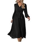 AMhomely Women Dresses for Party Slim Pleated Belt Long Sleeve V-Neck A-Line Dress Ladies Trendy Tunic Dresses Activewear Dresses for Vacation Cocktail Formal Work Wedding Black, XL