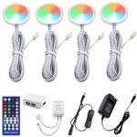 AIBOO RGBW RGB + White Color Changing Christmas Xmas Under Cabinet LED Lights Kit 40-Key IR Remote Puck Lights for Kitchen Counter Closet Furniture Accent Lighting (RGBW, 4 Lights, 12W)