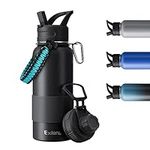 Exllena Metal Water Bottles with Two Lids, Double Insulated Water Bottles 1L with Silicone Sleeve and Paracord Handle Practical - Black