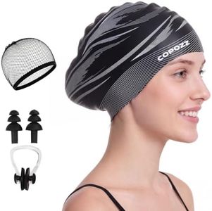 COPOZZ Extra Large Silicone Swim Cap for Men & Women with Long Thick Hair, Dreadlocks, Braids, Curls & Afros – Waterproof Ear-Covering, Chlorine Resistant, Pool, Beach, Training