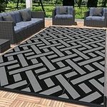 KMNKSCN Outdoor Rugs 9x12ft for Patios Clearance, Reversible Plastic Straw Camping Rug, Waterproof Indoor Outdoor Carpet, Large Area Mat for RV, Balcony, Backyard, Deck, Picnic, Black & Grey