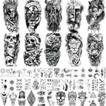 BUXIUGAN Temporary Tattoos, 50 Sheets fake tattoos for Men Women Adults, 10 Large 3D Realistic Half Sleeve Temporary Tattoos, 40 Tiny Prisoner Tattoos With Skull Skeleton Animals Faux Tattoos Stickers