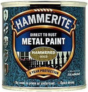 Hammerite Paint Direct to Rust Exterior Gold Metal Paint, Hammered Finish. Corrosion Resistant Gold Paint and Rust Remover, 8 Year Protection - 250ml Tin 1.25 SqM Coverage