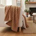 Tache Caramel Brown Faux Fur Throw Blanket - Chevron Geometric Embossed Super Soft Warm Fluffy White Sherpa Plush - 90" x 90"