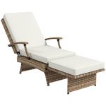 Outsunny Outdoor PE Rattan Recliner Chair with Cushion, Foldable Design Garden Recliner Chair with Retractable Footrest and Adjustable Back with 80° Recline, Light Brown