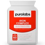 Iron Complex Supplement - 60 Vegan Capsules - Gentle Iron Bisglycinate - for Men and Women - with Vitamin C, Folic Acid, B2 and B12 - Made in The UK by Purolabs