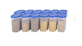 SIMPARTE Modular Containers Oval with Plain Lid Set for Rice, Dal,Atta, Flour, Cereals, Pulses, Snacks, Stackable, 1.8L Set of 12 - Blue Lids, Medium, white, plastic