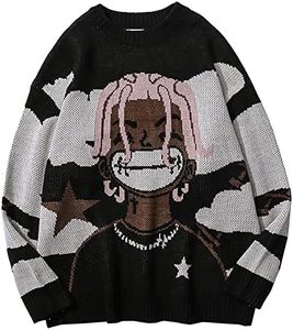 LATAHUO Long Sleeve Crewneck Anime Rapper Knit Sweater Harajuku Hip Hop Rap Vintage Knitted Sweater Streetwear(Black, X-Large), Black