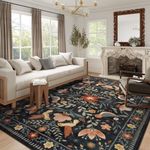 Morebes Floral Machine Washable Area Rugs 9x12 Living Room, Large Dining Room Rug Non Slip, Ultra-Thin Boho Vintage Distressed Soft Throw Carpet for Kids Bedroom Office Decor, Black