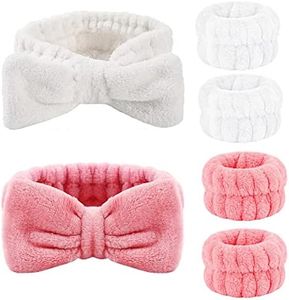 6PCS Spa Headband Wristband Set,Face Wash Headband, Soft Facial Makeup Headband Skincare Headbands Bowknot Hair Band, Elastic Wristbands Prevent Liquids from Spilling Down Your Arms（Pink and White）