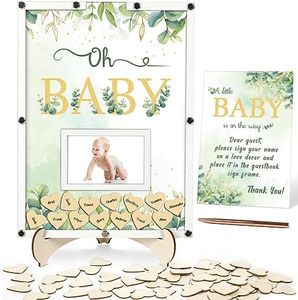 64Pcs Baby Shower Guest Book Alternatives Sage Green Baby Shower Decorations Wooden Greenery Baby Shower Sign in Guest Book Eucalyptus Picture Frame Keepsakes for Oh Baby Boy Gender Reveal Party Favor