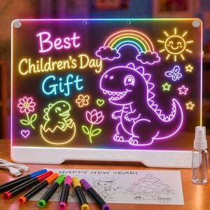 HASSKY Rechargeable LED Drawing Board, 7 Colors 4 Light Modes Glow Doodle Pad, Dry Erase Light Up Note Board with Built-in Stand, 6H Battery Life Art Kit for Kids Girls Boys Birthday Gifts