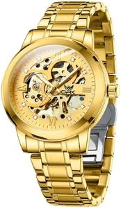 OPK Mens Watches Automatic Mechanical Self Winding Skeleton Luxury Diamond Watch Stainless Steel Waterproof Luminous, G8165: Gold strap & gold dial, luxury