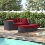 BRISHI Outdoor Patio Daybed/Sunbed/Swimming Pool Side/Sun Lounger/Garden/Terrace/Balcony/Wicker and Rattan Daybed (Dark Brown/Maroon)