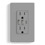 ELEGRP 30W 6.0 Amp 3-Port USB Wall Outlet, 20 Amp Receptacle with USB Type C & Type A Ports, USB Charger for iPhone/iPad/Samsung/LG/HTC/Android Devices, UL Listed, w/Wall Plate, 1 Pack, Matte Gray