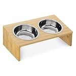 Navaris Raised Double Pet Bowls - 400ml Raised Dog Bowls with Bamboo Stand - Cat Bowl Station for Cats, Small Dogs - 2 Stainless Steel Feeding Dishes