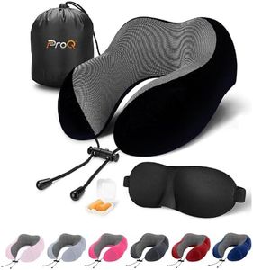 ProQ Memory Foam Travel Pillow for Neck Pain, Sleeping, Travelling with Eye Mask & Noise Isolating Ear Plugs Portable Combo Men & Women, Pack of 1 (Black)