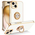 BENTOBEN Case for iPhone 15 Case, Ring Holder Edge Plating Rotation Kickstand Soft Silicone TPU Bumper Women Slim Flexible Anti Slip Shockproof Protective Case for iPhone 15 6.1", White
