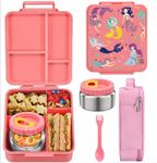 MAISON HUIS Bento Lunch Box for Kids With 8oz Soup Thermo, Leakproof Lunch Compartment Containers with 4 Compartment Bento Box, Thermo Food Jar and Lunch Bag, BPA Free,Travel, School(Mermaid)