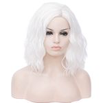 Women Short White Bob Wig, ATAYOU Short Wavy White Wigs Middle Parts Halloween Wig Synthetic Cosplay Women Wig (White 365)