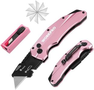 WORKPRO Professional Folding Cutter, Utility Cutter with Quick Change Mechanism & Button Lock, Pink Cutter with 10 Extra SK5 Blades, Ideal for Cutting