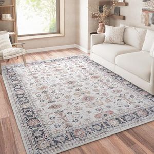 JINCHAN Antibacterial Rug Taupe Vintage Rug Traditional Area Rug 183x274CM Retro Floor Rug Thin Rug Distressed Floral Print Indoor Mat for Bedroom Living Room