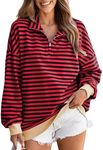 EVALESS Sweatshirt for Women Fashion Oversized Striped Color Block Long Sleeve Shirts Cute Comfort Colors Casual Hoodless Hoodies Loose Fit Half Zip Pullover Tops Trendy 2024 Fall Outfits Red Small