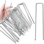 Landscape Staples U-Shaped Heavy Duty Securing Stakes Pins,TuoYi 30 Pcs Galvanized Gauge Garden Stakes for Anchoring Weed Barrier Fabric and Yard Stakes Netting Ground Mat,40mm Width 150mm Length