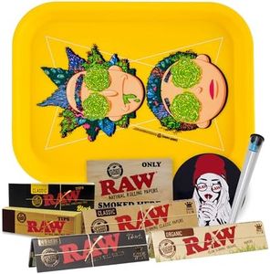Plateau à rouler Rick and Morty 19 x 25cm + Tubes anti-odeur THE BOAT + Papier à rouler Raw Organique, Noir, Classic KingSize + Tips + Autocollants - Cadeau pour les fumeurs (Jaune)