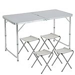 ZENO 4FT Folding Talbe with 4 Chairs | Camping Table | Adjustable Garden Table | Folding Table & Chairs | Aluminium Table | Great for BBQ Camping Outdoors | Includes 4 Stool Chairs