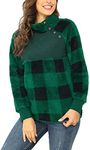 VIISHOW Women's Warm Long Sleeves Oblique Button Neck Splice Geometric Pattern Plaid Sherpa Fleece Pullover Coat Sweatshirts Outwear with Pocket Plaid Green Large