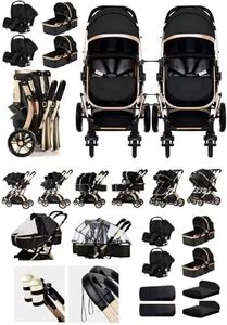 Rexhan Twin 4 in 1 Reversible Travel System, Foldable Double Baby Buggy, Twin Toddler Pram, Pushchair, Lightweight, Tandem All in One Stroller, Portable Baby Carriage, 0-4 Year, Aluminium Frame