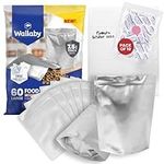 Wallaby 60х 1 Gallon Mylar Bag 7.5mil for Food Storage with 400cc Oxygen Absorbers & Labels - 10"x14" Stand-Up Heat Seal Bulk Resealable Gusset Ziplock Foil Bag for Freeze Dryer, Dehydrated Dried Food