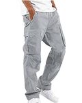 YAOHUOLE Mens Cargo Trousers Elastivsted Waist Straight Fit Pants Outdoor Pants Utility Pocket Gray L