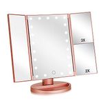 Wudeweike Tri-fold Lighted Vanity Makeup Mirror with 3x/2x/1x Magnification, 21Leds Light and Touch Screen,180 Degree Free Rotation Countertop Cosmetic Mirror,Travel Makeup Mirror (Rose Gold)