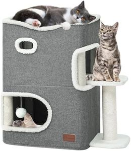 YIATHOME 2 Storey Cat House, Cat Beds for Indoor Cats, Small Cat Condo with Scratch Post and Hideaway Cave, Modern Cat Cube Playhouse for Multi Kittens, Extended Style, Grey