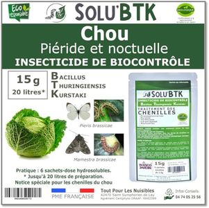 SoluBTK - Chou : Piéride et Noctuelle 15 g Bacillus thuringiensis BTK - Insecticide Utilisable en Agriculture Biologique - Traitement chenilles