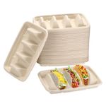 SUMNACON 60 Pcs Disposable Biodegradable Taco Holder Tray, Bagasse Pulp Fiber Recycleable Taco Plate Taco Stand with 3 Dividers, Kitchen Restaurant Taco Holder Stand for Taco Tuesday Party