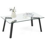 COSTWAY Tempered Glass Coffee Table, Rectangular Cocktail Snack Tea Table with Metal Legs and Anti-slip Foot Pads, Modern Accent Sofa Side End Table for Living Room, Bedroom and Office